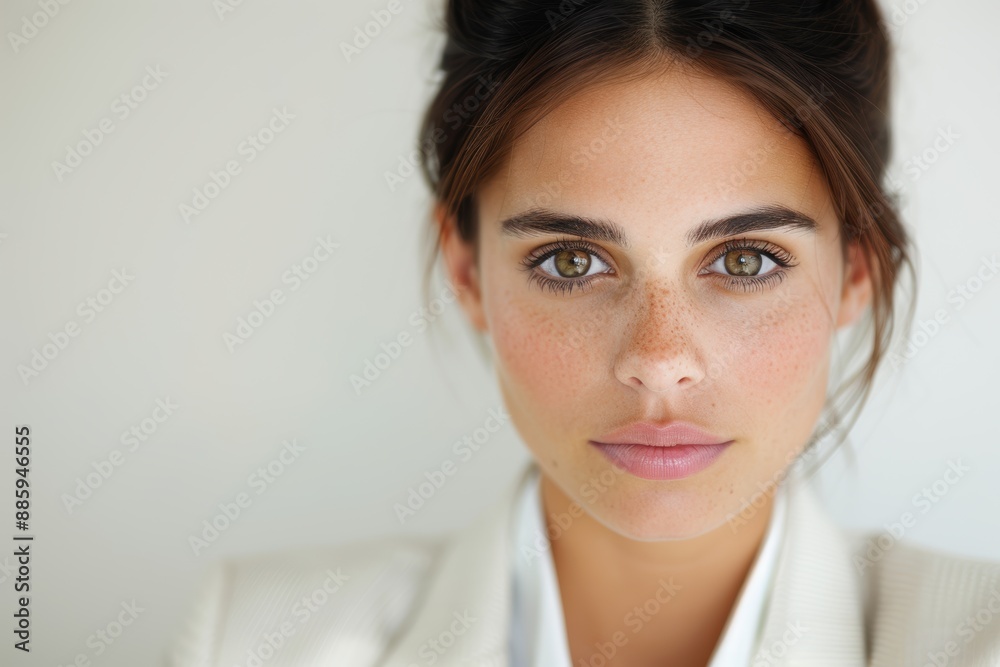 Thoughtful young woman with freckles and dark hair