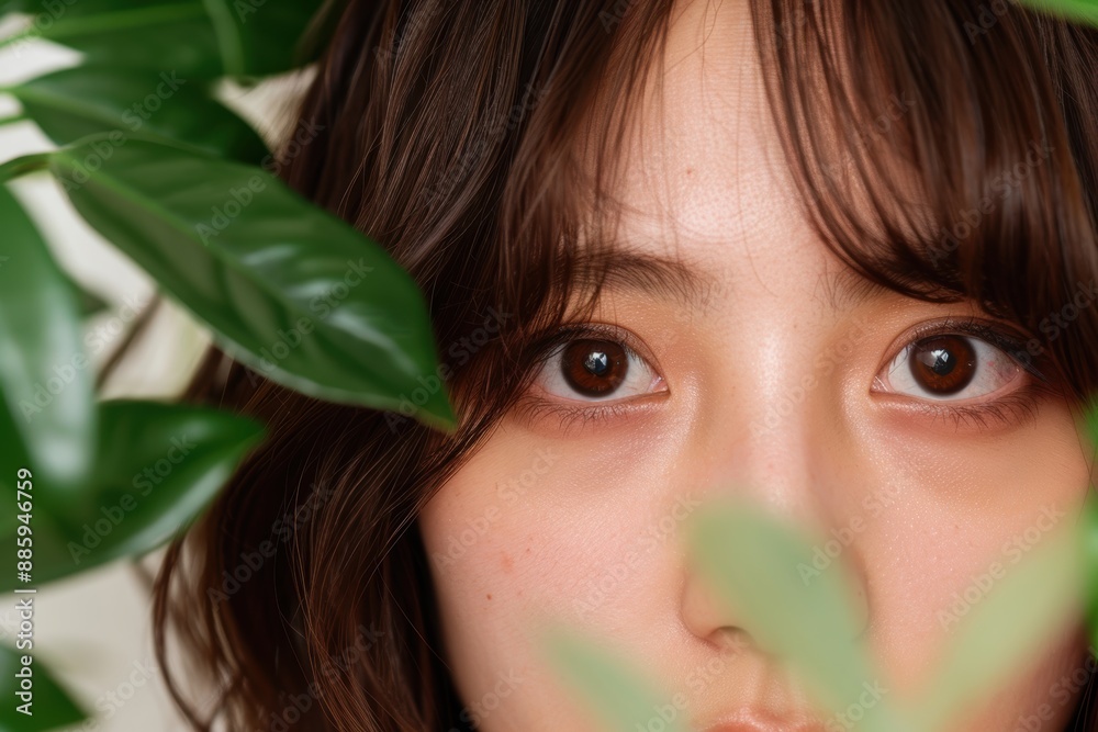 Close-up portrait of a young woman with dark hair and brown eyes Close-up portrait of a young woman with dark hair and brown eyes