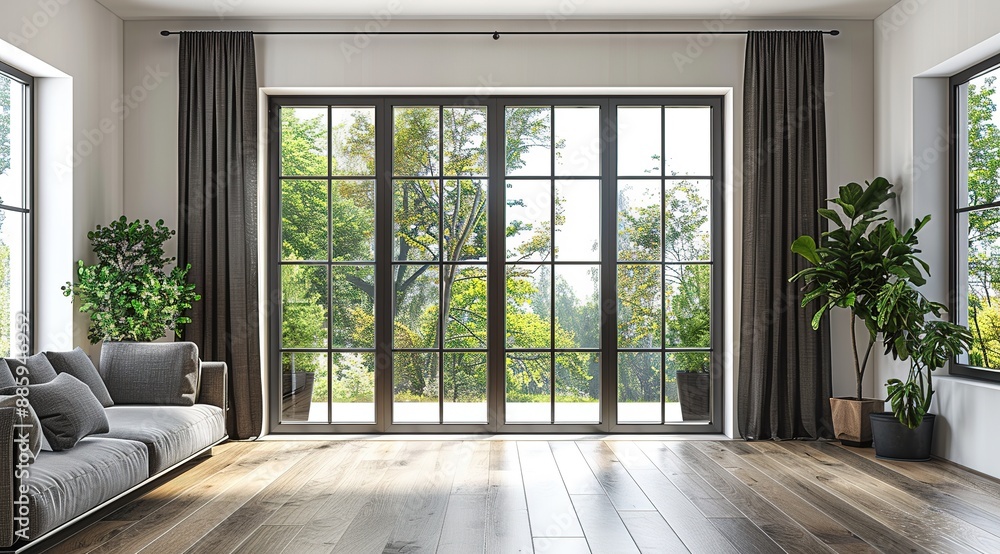 Fototapeta premium Modern Living Room with Large Windows and Double Doors Featuring White Window Frames with Black Accents, Grey Sofa, Green Plants on Side Tables, and Light Wooden Parquet Flooring in a Minimalist Home 