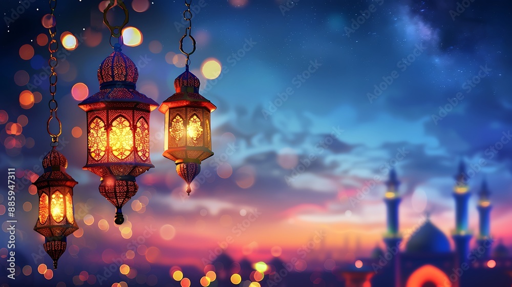 Ornate Lanterns Hanging Against a Night Sky Ornate Lanterns Hanging Against a Night Sky