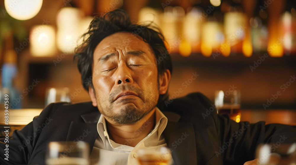 drunk Japanese businessman in restaurant, business stress concept drunk Japanese businessman in restaurant, business stress concept
