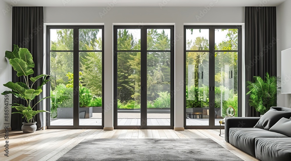 Modern Living Room with Large Windows and Double Doors Featuring White Window Frames with Black Accents, Grey Sofa, Green Plants on Side Tables, and Light Wooden Parquet Flooring in a Minimalist Home Modern Living Room with Large Windows and Double Doors Featuring White Window Frames with Black Accents, Grey Sofa, Green Plants on Side Tables, and Light Wooden Parquet Flooring in a Minimalist Home