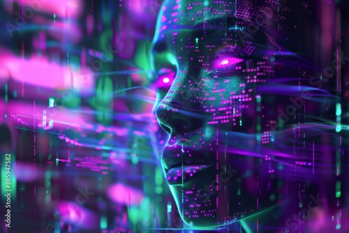 Abstract Digital Art Highlighting a Woman's Face Illuminated by Purple and Green Lights, Symbolizing the Julia Programming Language