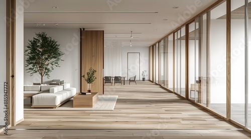 Modern Office Interior Featuring a White and Wood Color Scheme, Large Open Space with Light-Colored Wooden Floors, Sliding Glass Doors, and a Seating Area in the Distance.
