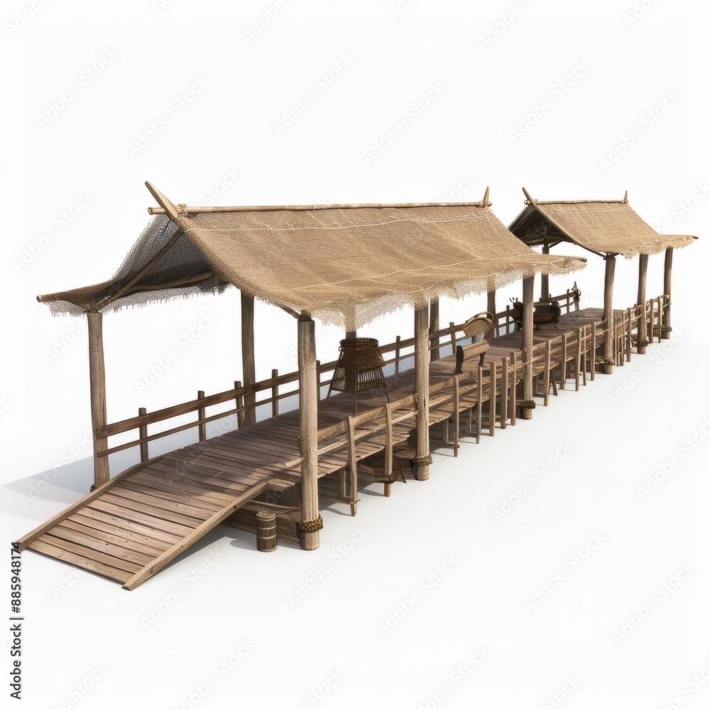 3D Render of a Floating Market with Canopy Roof and Wooden Walkways, on isolated white background, Generative AI