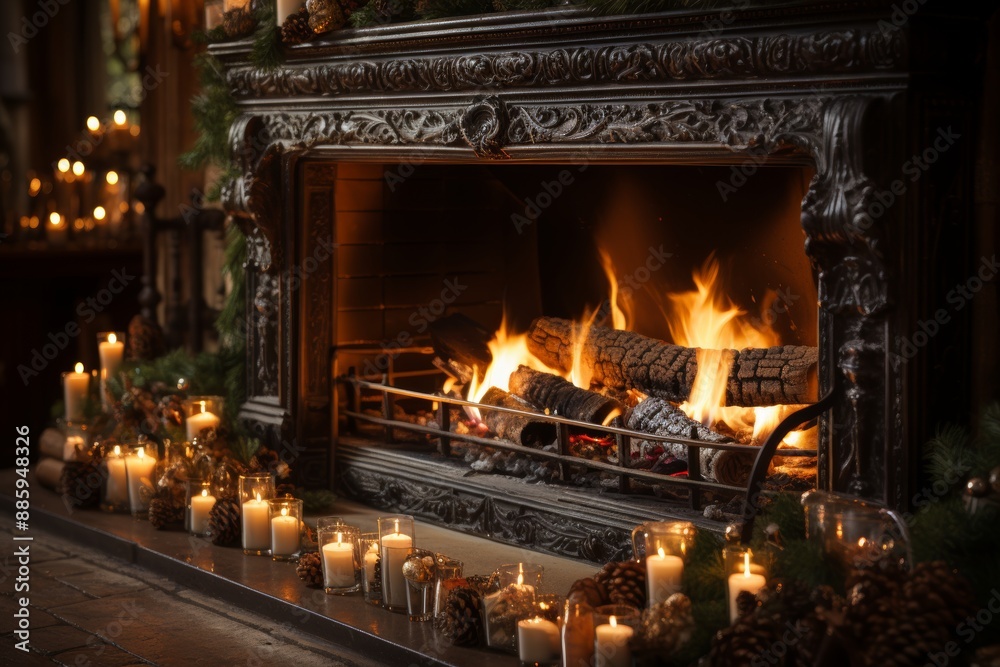 Festive nautical christmas scene with yule log fireplace and rich decor in warm lighting Festive nautical christmas scene with yule log fireplace and rich decor in warm lighting