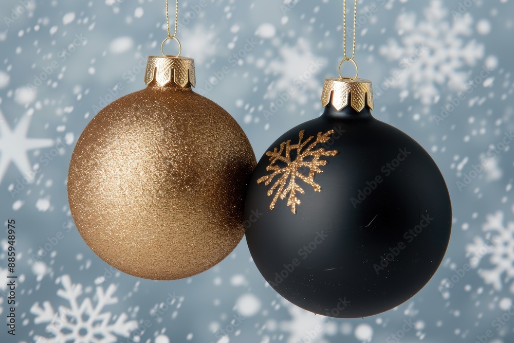 Festive Christmas ornaments hanging in snowy scene Festive Christmas ornaments hanging in snowy scene