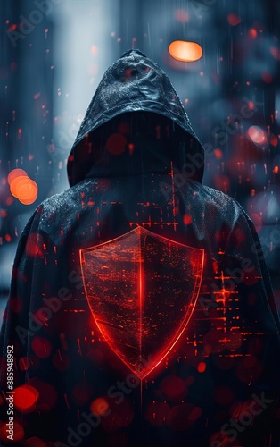 Hacker silhouette in a dark hoodie with a digital shield overlay, symbolizing cybersecurity in an abstract and high-tech environment. photo