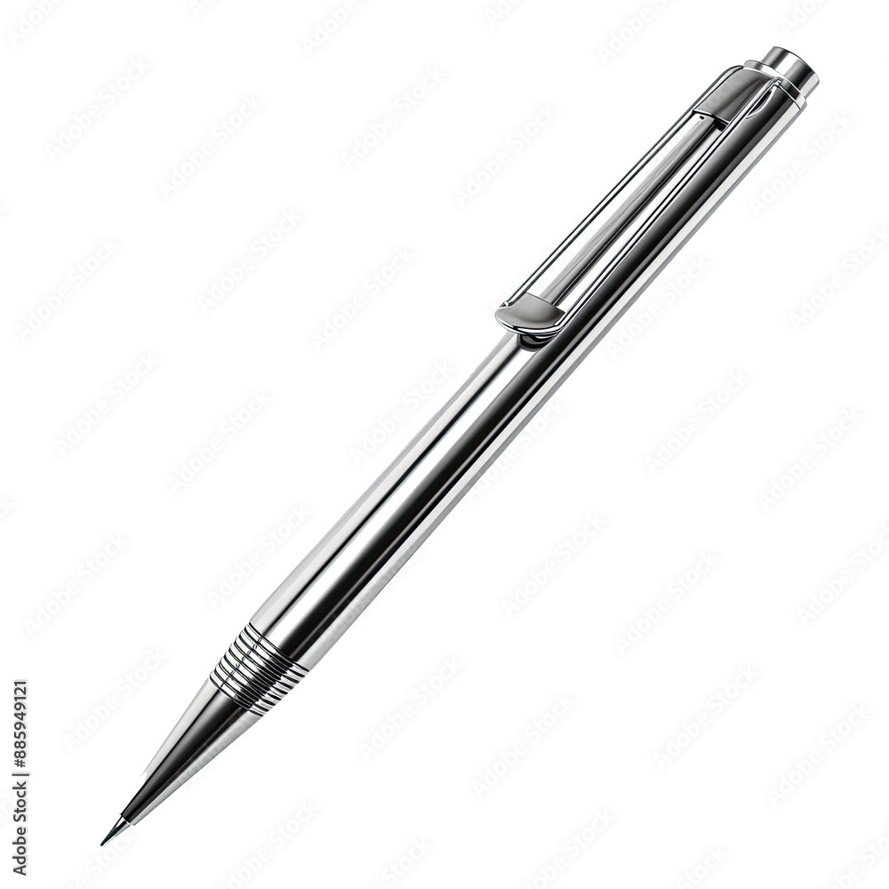 Sleek silver metal pen with shiny reflections on white background Sleek silver metal pen with shiny reflections on white background