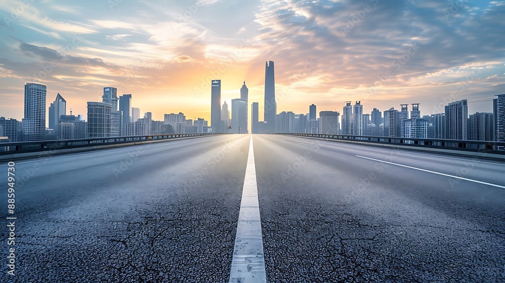 Empty Highway Leading to a City Skyline at Sunrise Empty Highway Leading to a City Skyline at Sunrise