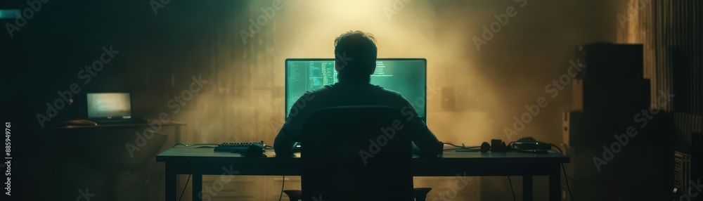 Fototapeta premium A software engineer debugging code in a dimly lit room with an eerie green glow from the computer screen