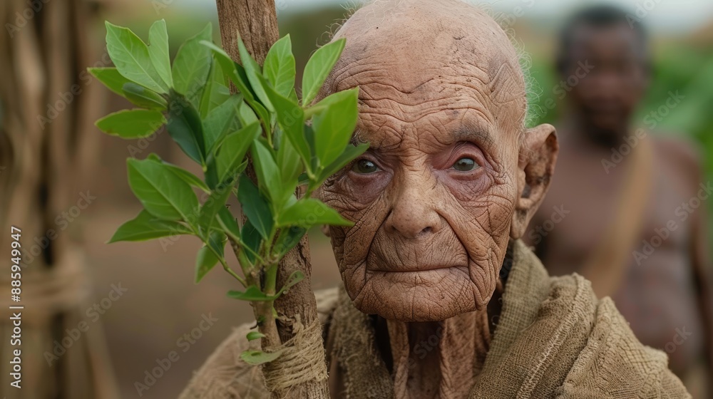 Obraz premium weathered elderly face surrounded by lush greenery