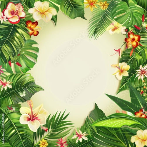 Summer-Inspired Photo Frame with Lush Greenery and Vibrant Flowers, Offering a Fresh and Lively Background with Ample Copy Space.