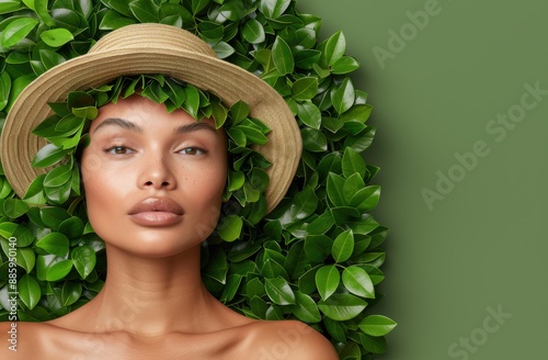 woman in straw hat surrounded by green leaves