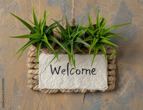Welcome sign with green plants