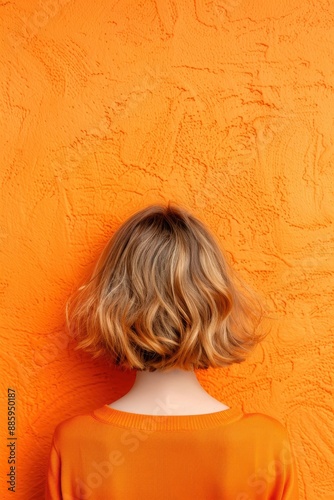 Vibrant orange background with wavy blonde hair