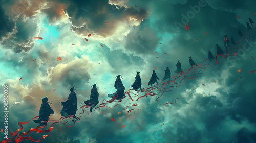 graduates flying in sky, br...