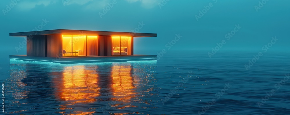Modern floating house illuminated at night, surrounded by calm blue waters, showcasing unique architecture and tranquil ambiance. Modern floating house illuminated at night, surrounded by calm blue waters, showcasing unique architecture and tranquil ambiance.