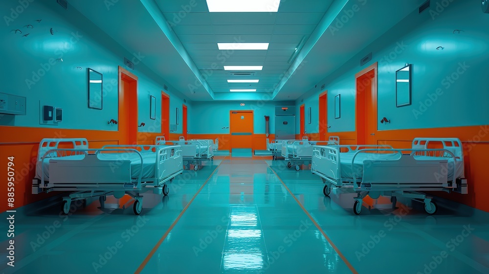 Empty Hospital Hallway with Beds in Orange and Teal Color Scheme, Featuring Realistic Cinematic Grading, Evoking a Calm and Clean Atmosphere Empty Hospital Hallway with Beds in Orange and Teal Color Scheme, Featuring Realistic Cinematic Grading, Evoking a Calm and Clean Atmosphere