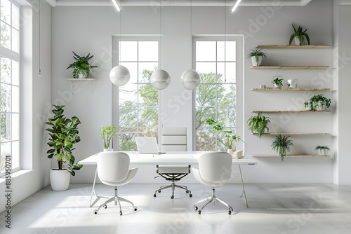 Contemporary Office Interior Featuring White Walls, Minimalist Desk and Chairs, Large Windows for Natural Light, Plants on Shelves, and a Neutral Color Scheme. Spacious Layout with Sleek Design .