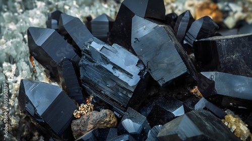 1. Dark, shiny uraninite crystals with a metallic luster