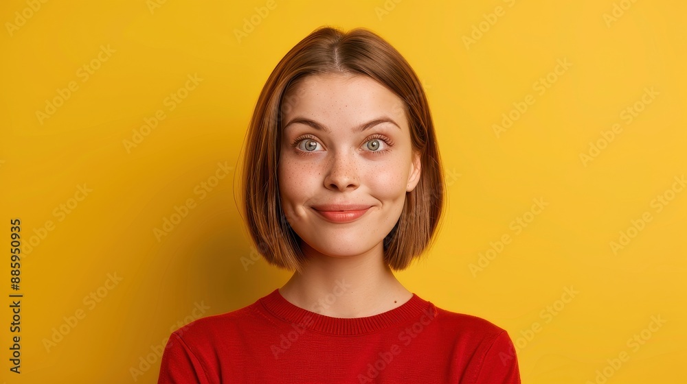 A woman with a red sweater and short hair is smiling at the camera A woman with a red sweater and short hair is smiling at the camera