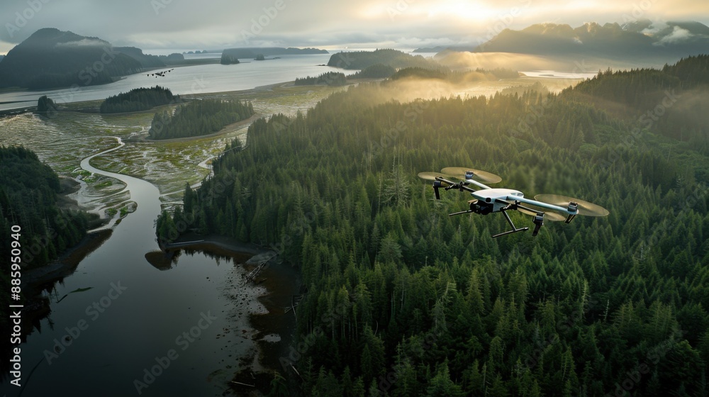 Overhead view of a drone soaring over a vast forest, traveling from the southern end to the northern horizon, with a peaceful plane flying alongside in the distance Overhead view of a drone soaring over a vast forest, traveling from the southern end to the northern horizon, with a peaceful plane flying alongside in the distance