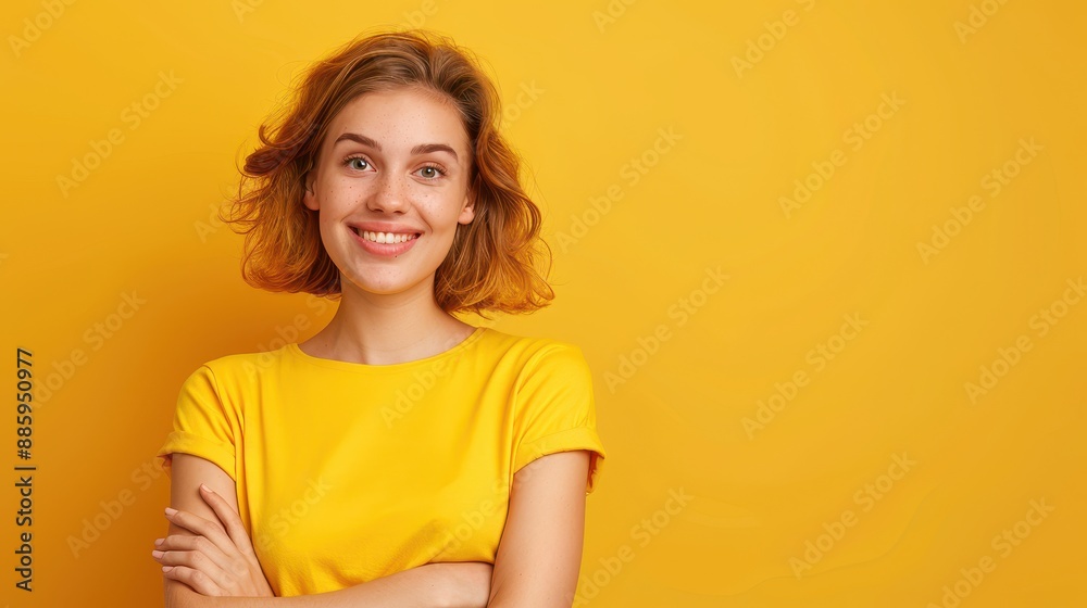 A woman in a yellow shirt is smiling and posing for a picture A woman in a yellow shirt is smiling and posing for a picture