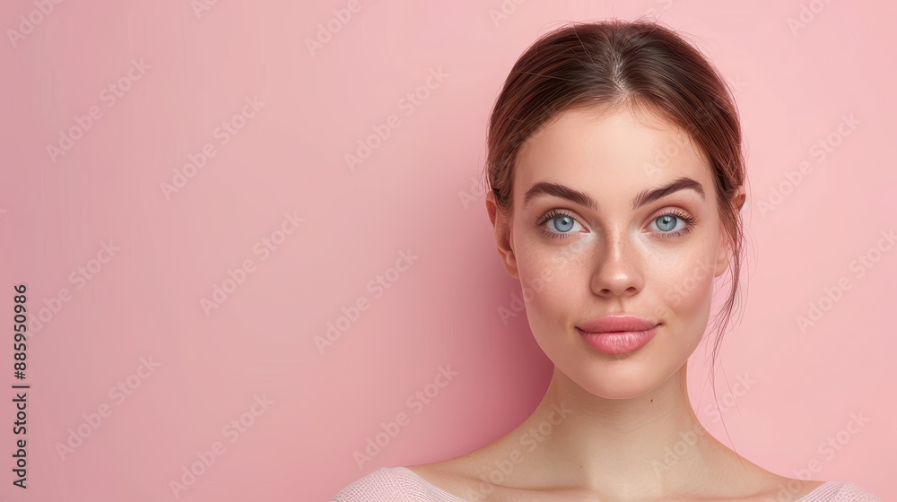 A woman with blue eyes and a pink background A woman with blue eyes and a pink background