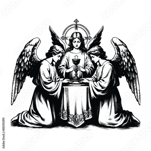 Angels and the Eucharist, Illustrate angels offering the communion elements at the foot of the cross