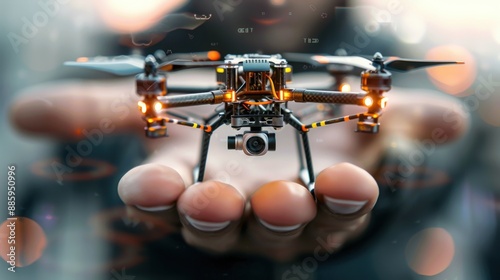 Ultra-close-up of a futuristic, advanced miniature spy drone delicately balanced on the tip of a person's finger, showcasing intricate details and advanced technology