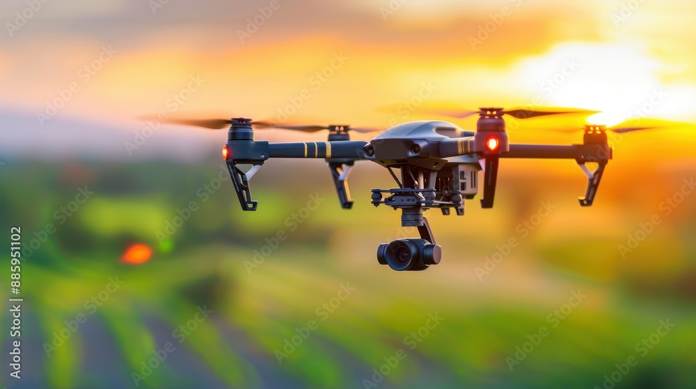 Close-up shot of a drone's propeller and camera lens with a blurred background of lush green fields, emphasizing the intricate details and advanced features of the drone Close-up shot of a drone's propeller and camera lens with a blurred background of lush green fields, emphasizing the intricate details and advanced features of the drone