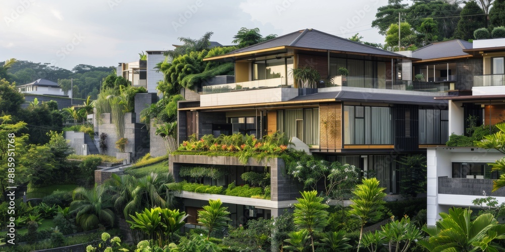 Fototapeta premium Serene Residential Oasis: Tranquil Modern Homes Amidst Lush Greenery, Set Against a Peaceful Gray Background