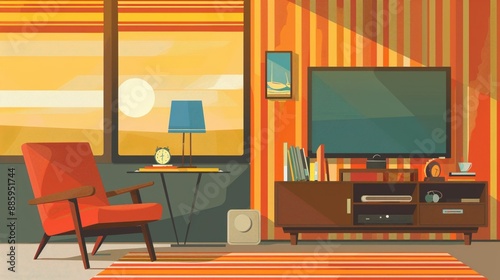 Hotel inroom entertainment, TV and media, flat design illustration photo