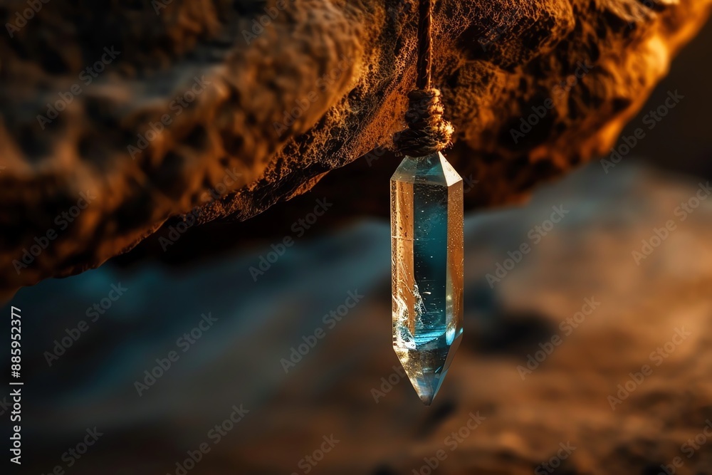 Close-up of a crystal pendant hanging in dim, ambient light under a rocky surface, creating a mystical and enchanting atmosphere. Close-up of a crystal pendant hanging in dim, ambient light under a rocky surface, creating a mystical and enchanting atmosphere.