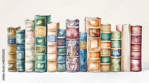 Hand-drawn watercolor illustration of a collection of antique books arranged neatly in a row, their covers and bindings delicately rendered with intricate details,
