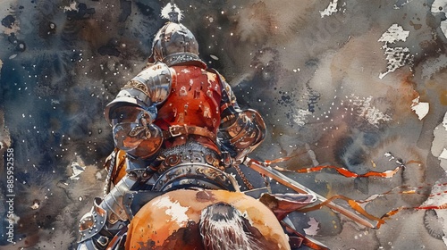 Watercolor painting of a medieval knight on horseback, viewed from behind.