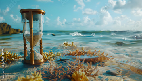 Hourglass on a sandy beach, symbolizing the passage of time with ocean waves and blue sky in the background. photo