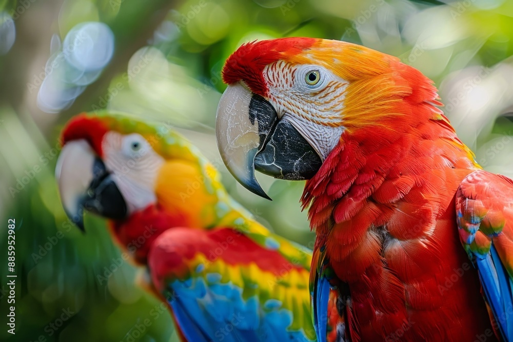 Obraz premium Colorful scarlet macaw parrot posing on a branch with another macaw in the background