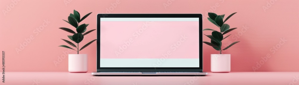 Naklejka premium Modern laptop with blank screen on pink desk, flanked by green plants in pots. Minimalistic workspace concept with pastel background.