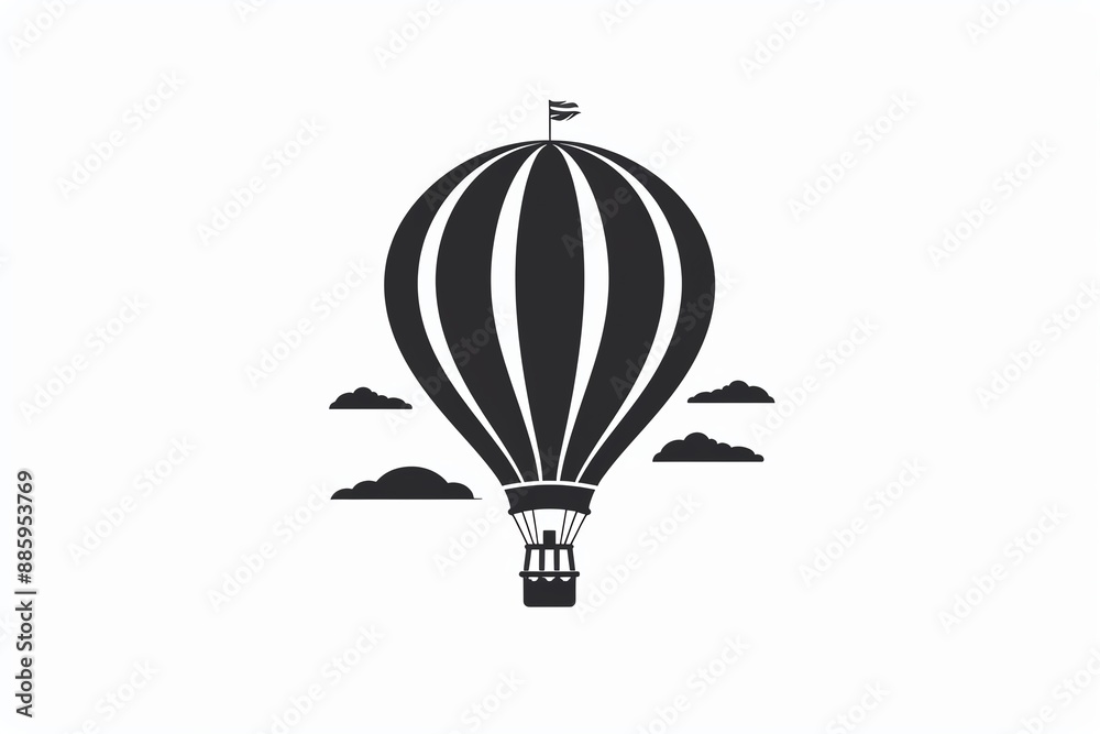 Obraz premium Simple black and white illustration of a hot air balloon with clouds in the background, perfect for adventure and travel themes.