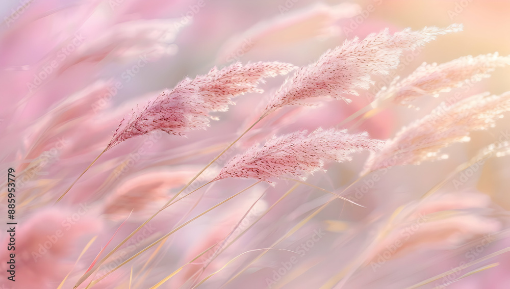 Soft focus pink pampas grass in the breeze, glowing in gentle sunlight. Perfect for nature and landscape stock photography. Soft focus pink pampas grass in the breeze, glowing in gentle sunlight. Perfect for nature and landscape stock photography.