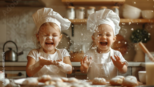 happy family funny kids bake cookies in kitchen