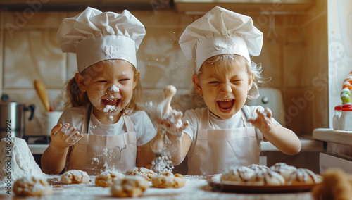 happy family funny kids bake cookies in kitchen