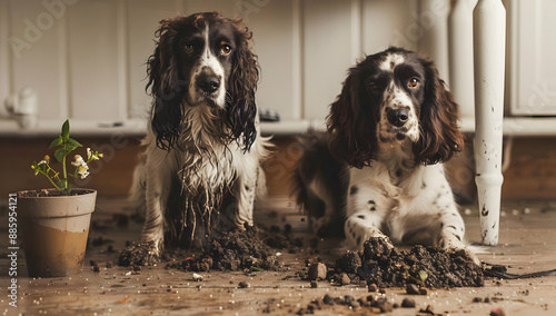 Two dirty dogs sit indoors with soil around, beside a knocked-over plant pot, looking adorably guilty after making a mess together.
