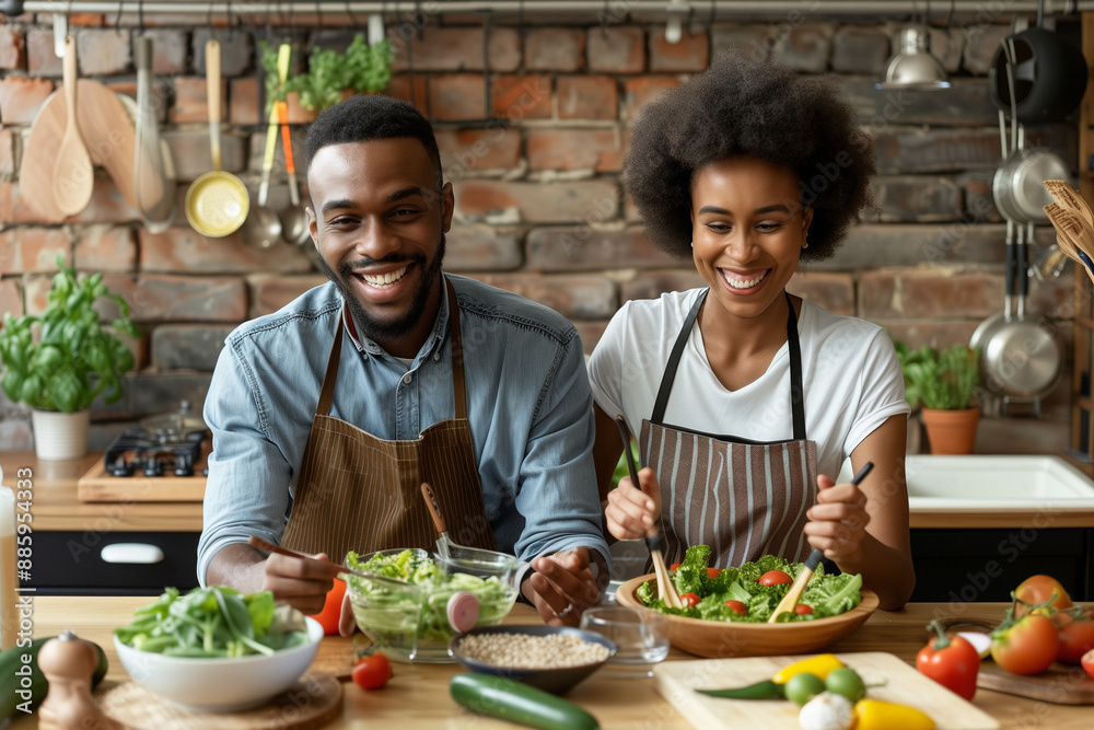 Excited cheerful young couple cooking healthy salad Excited cheerful young couple cooking healthy salad