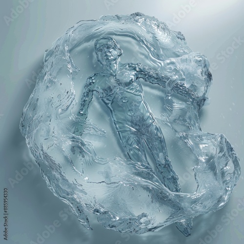 Aerial View of a Cryogenically Frozen Human Encased in Ice, Representing Cryonics and the Concept of Life Preservation Through Cryogenic Techniques.