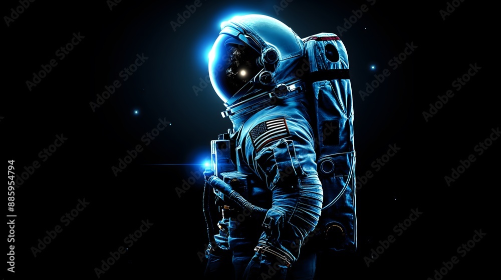 Fototapeta premium An astronaut walks in space against a black universe background, perfect for wallpaper.