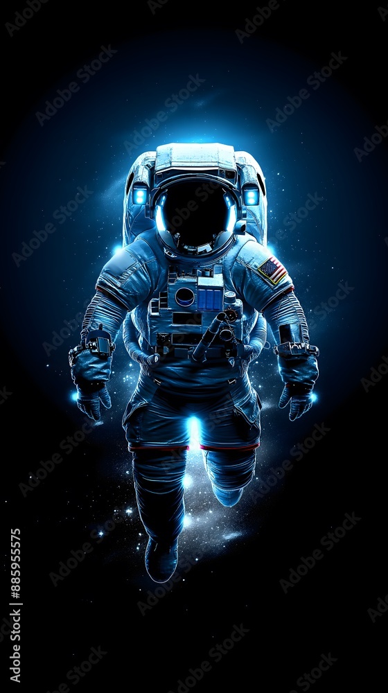 Fototapeta premium An astronaut walks in space against a black universe background, perfect for wallpaper.