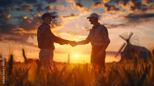 Two farmers shaking hands in corn field